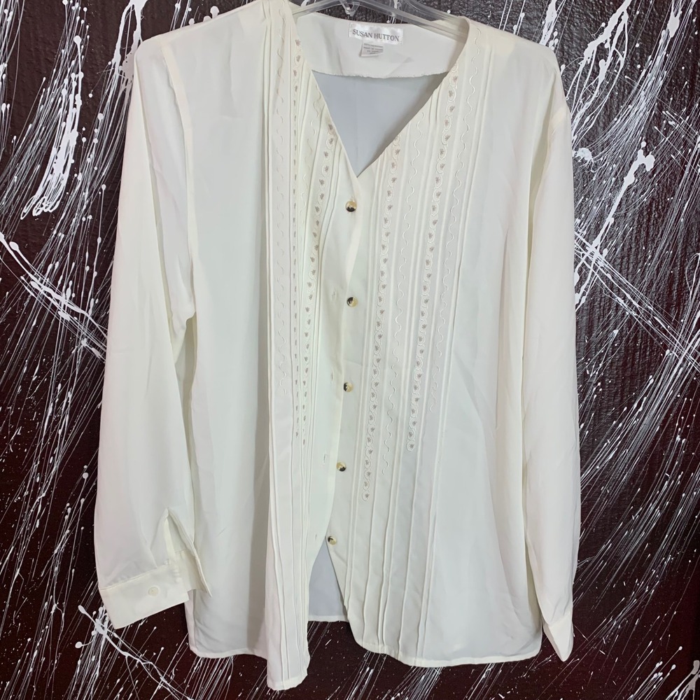 Susan Hutton Womens Ivory Embroidered Pintuck Button Front Blouse 16W RN 62008